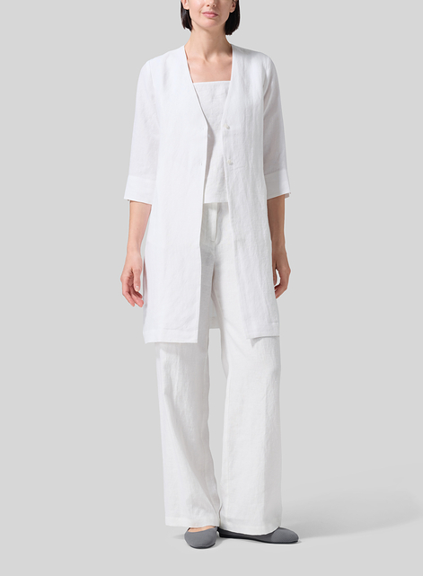 Linen Straight Fit V-Neck Long Jacket