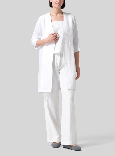 Linen Straight Fit V-Neck Long Jacket
