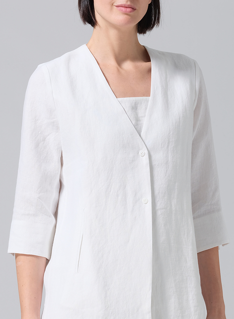 Linen Straight Fit V-Neck Long Jacket