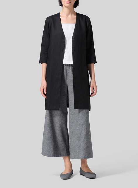 Linen Straight Fit V-Neck Long Jacket