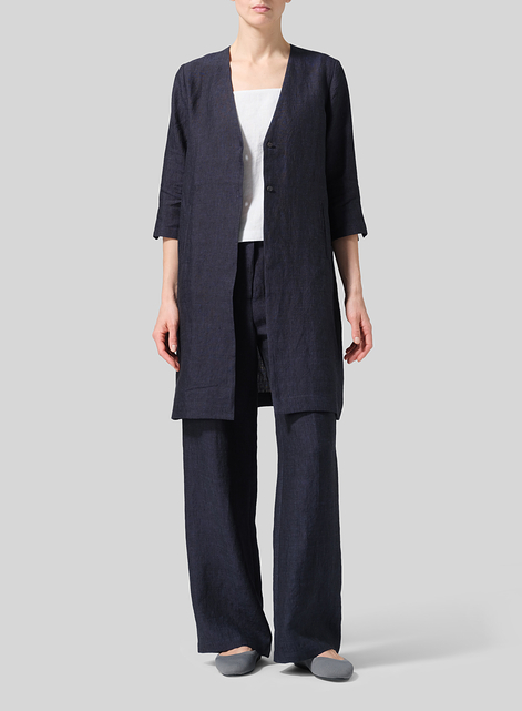 Linen Straight Fit V-Neck Long Jacket
