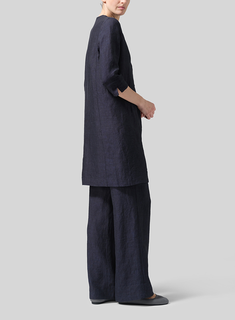 Linen Straight Fit V-Neck Long Jacket