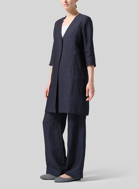Linen Straight Fit V-Neck Long Jacket