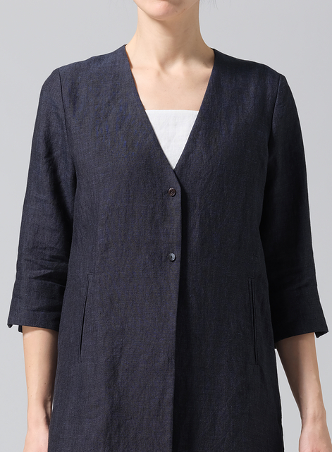 Linen Straight Fit V-Neck Long Jacket