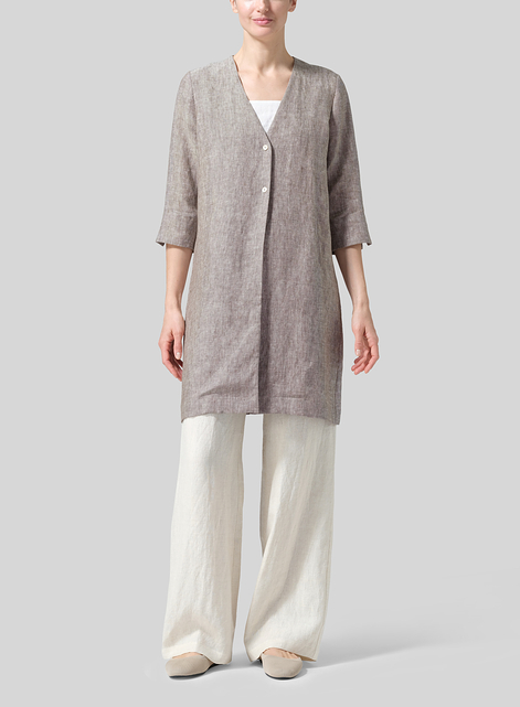 Linen Straight Fit V-Neck Long Jacket