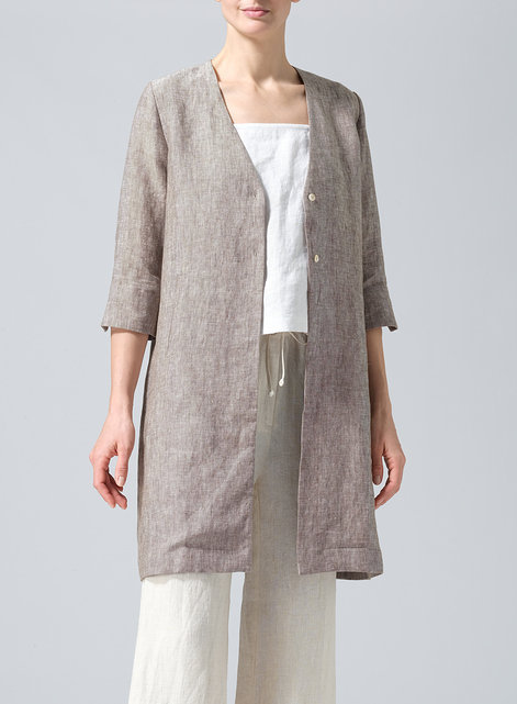 Linen Straight Fit V-Neck Long Jacket