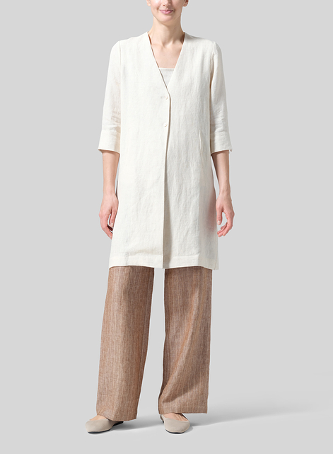 Linen Straight Fit V-Neck Long Jacket