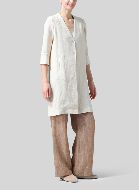 Linen Straight Fit V-Neck Long Jacket