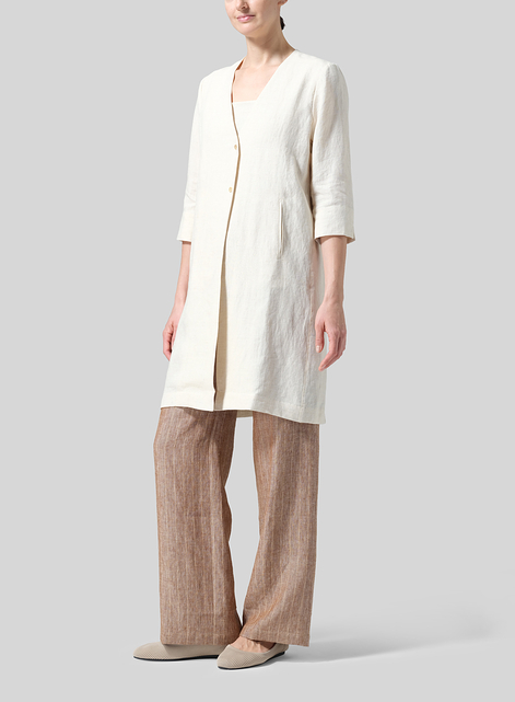 Linen Straight Fit V-Neck Long Jacket