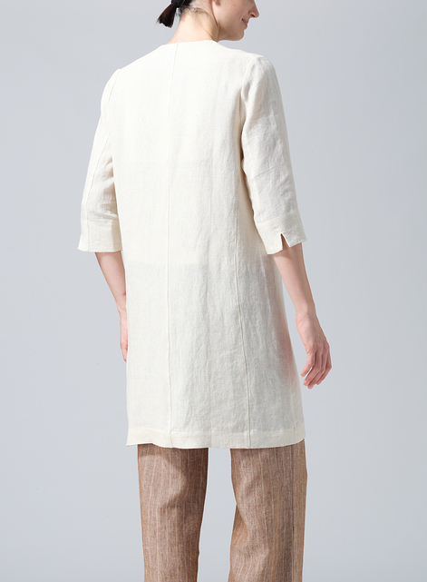 Linen Straight Fit V-Neck Long Jacket