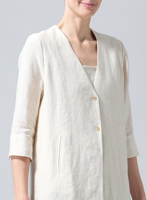 Linen Straight Fit V-Neck Long Jacket