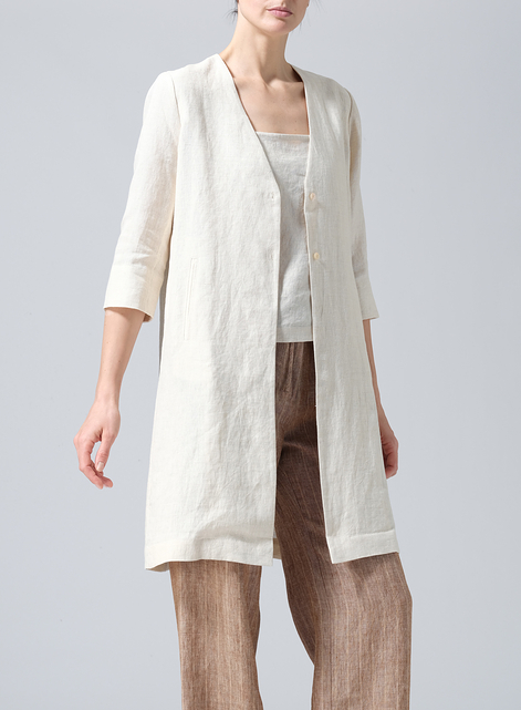 Linen Straight Fit V-Neck Long Jacket