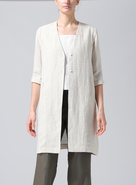 Linen Straight Fit V-Neck Long Jacket