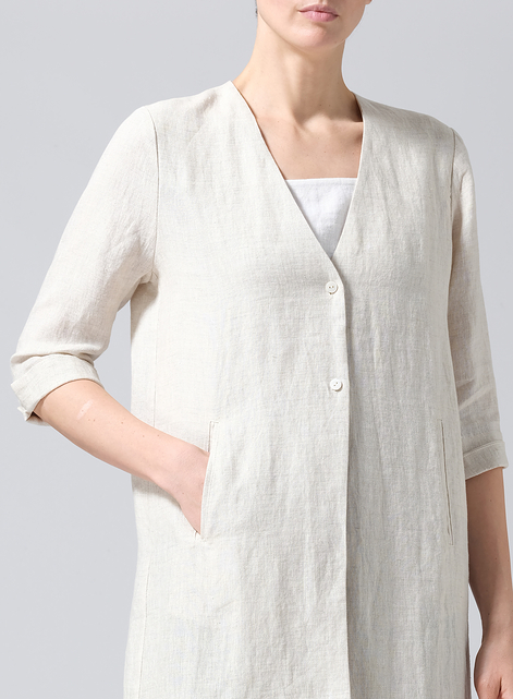 Linen Straight Fit V-Neck Long Jacket