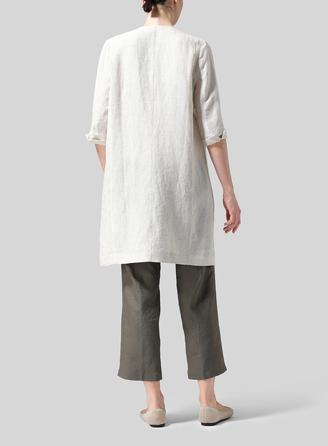 Linen Straight Fit V-Neck Long Jacket