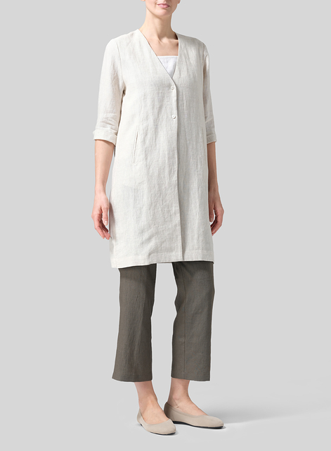 Linen Straight Fit V-Neck Long Jacket