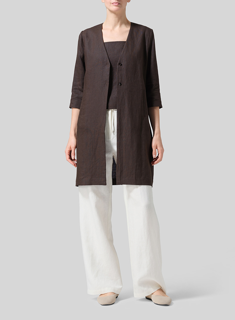 Linen Straight Fit V-Neck Long Jacket