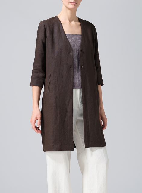 Linen Straight Fit V-Neck Long Jacket