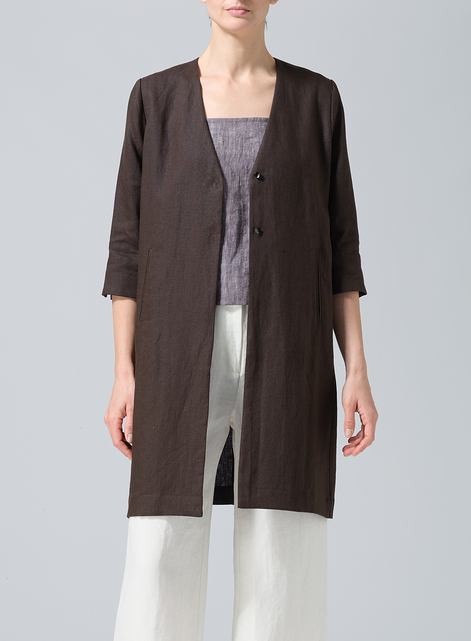 Linen Straight Fit V-Neck Long Jacket