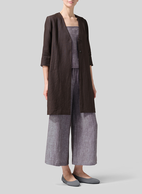 Linen Straight Fit V-Neck Long Jacket