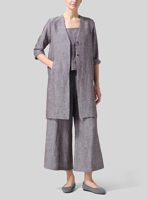 Linen Straight Fit V-Neck Long Jacket
