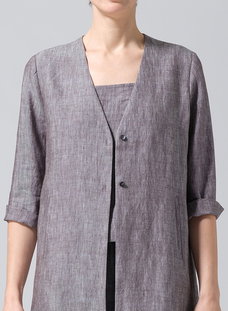Linen Straight Fit V-Neck Long Jacket