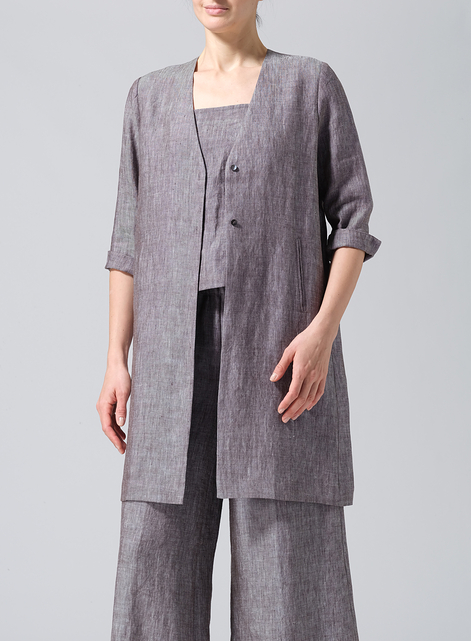 Linen Straight Fit V-Neck Long Jacket