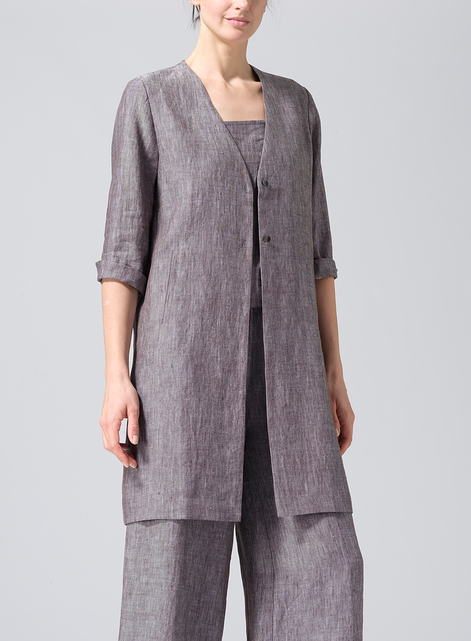 Linen Straight Fit V-Neck Long Jacket