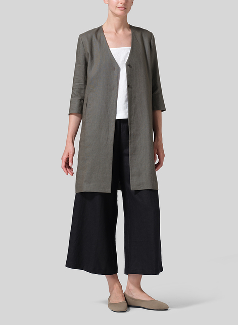 Linen Straight Fit V-Neck Long Jacket