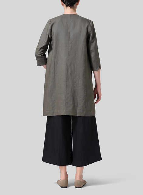 Linen Straight Fit V-Neck Long Jacket