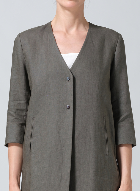 Linen Straight Fit V-Neck Long Jacket