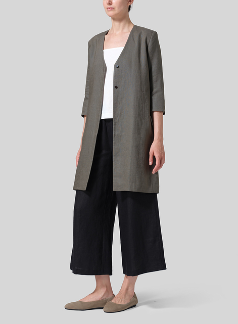 Linen Straight Fit V-Neck Long Jacket
