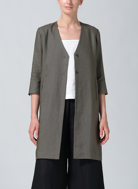 Linen Straight Fit V-Neck Long Jacket