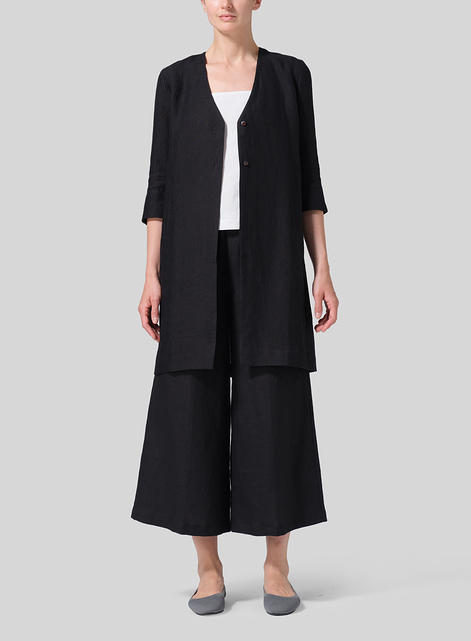 Linen Straight Fit V-Neck Long Jacket