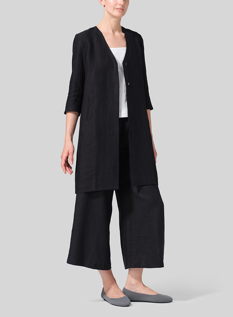 Linen Straight Fit V-Neck Long Jacket