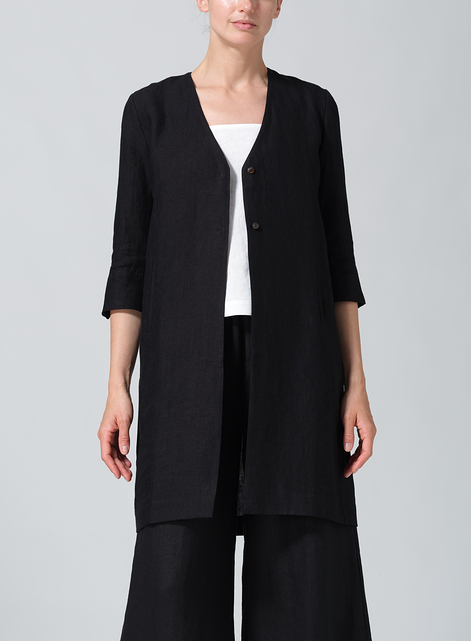 Linen Straight Fit V-Neck Long Jacket