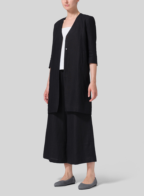 Linen Straight Fit V-Neck Long Jacket