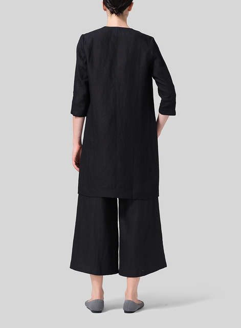 Linen Straight Fit V-Neck Long Jacket