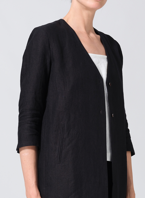 Linen Straight Fit V-Neck Long Jacket
