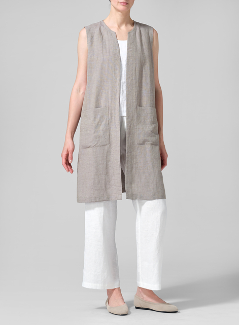 Linen Open Front Straight Long Vest Jacket
