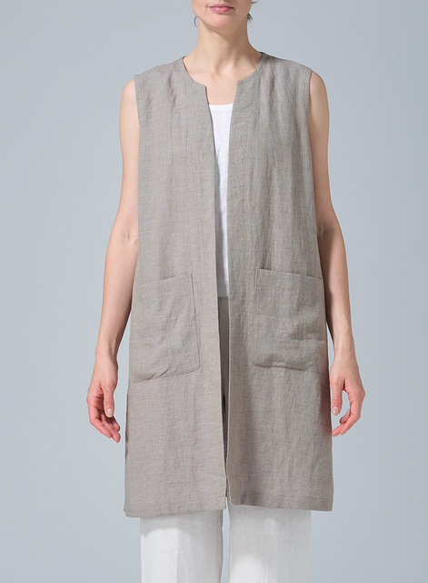 Linen Open Front Straight Long Vest Jacket