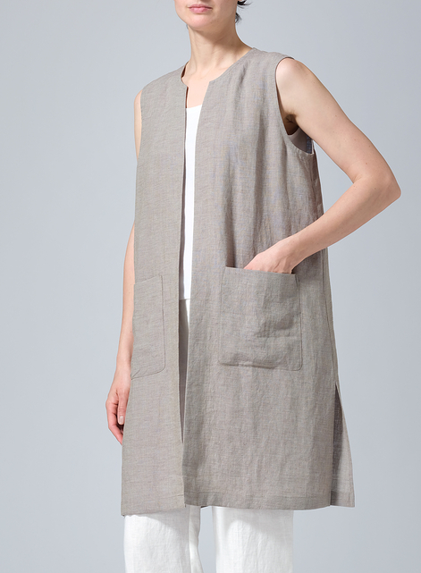 Linen Open Front Straight Long Vest Jacket
