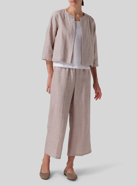 Linen Open Front 3/4-Sleeve Cropped Jacket