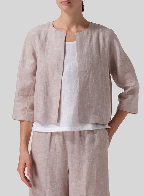 Linen Open Front 3/4-Sleeve Cropped Jacket