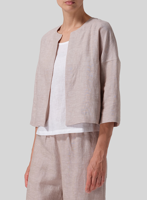 Linen Open Front 3/4-Sleeve Cropped Jacket