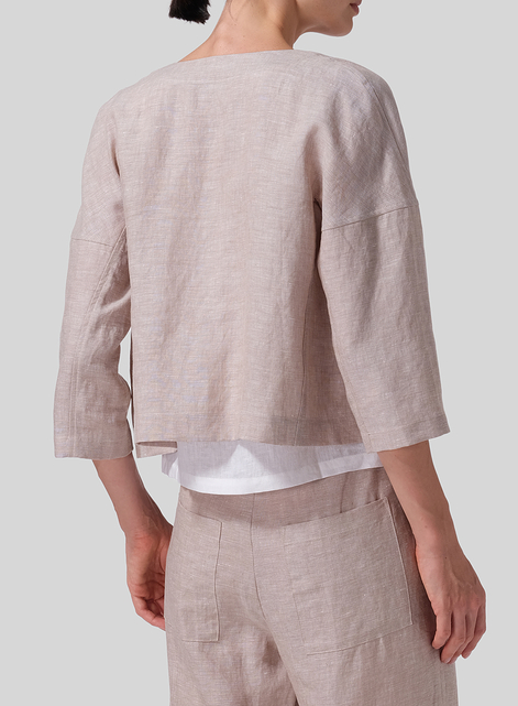 Linen Open Front 3/4-Sleeve Cropped Jacket
