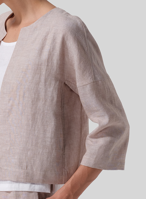 Linen Open Front 3/4-Sleeve Cropped Jacket