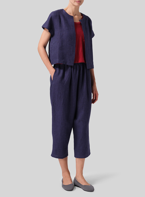 Heavy Linen Open Front Cropped Jacket