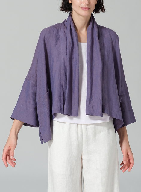 Linen Shawl Collar Open Front Cropped Jacket