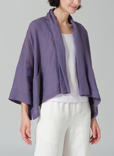 Linen Shawl Collar Open Front Cropped Jacket